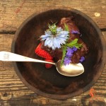 Chocolate nori ice cream with edible flowers
